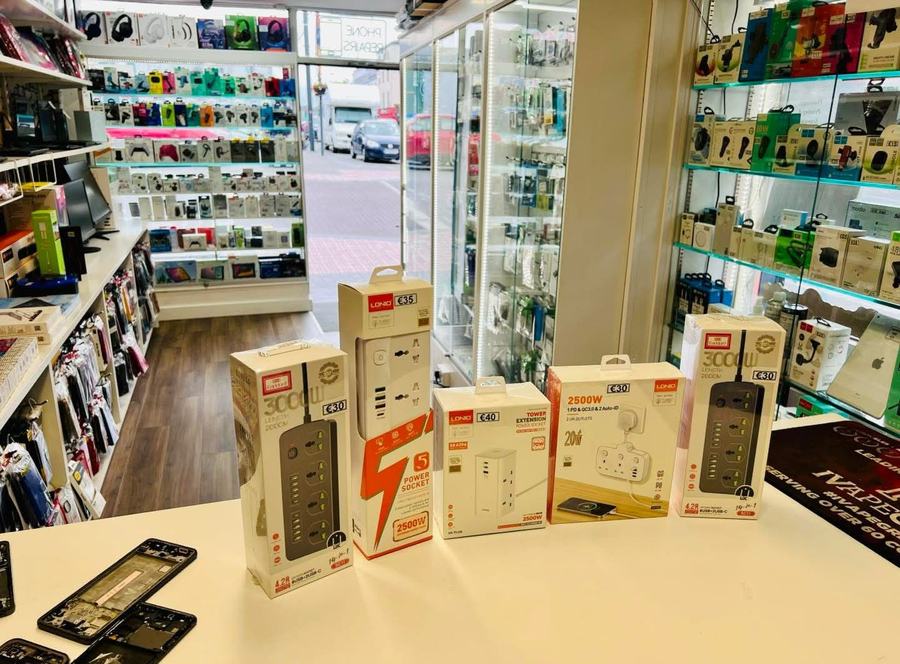 Phone and laptop accessories on display inside Dungarvan Tech
