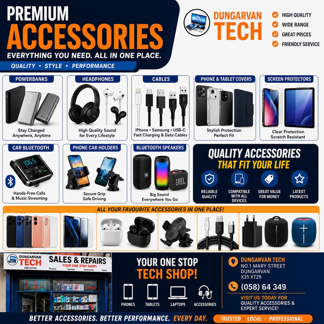 Dungarvan Tech premium accessories — power banks, headphones, charging cables, phone and tablet covers, screen protectors, car Bluetooth kits, car holders and Bluetooth speakers