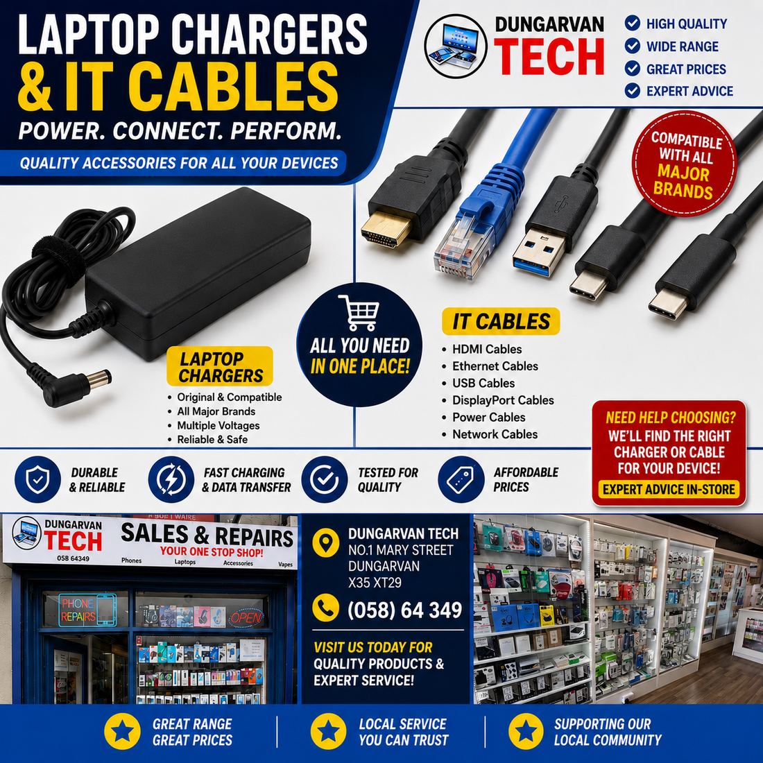 Dungarvan Tech laptop chargers and IT cables — HDMI, ethernet, USB, DisplayPort, power and network cables compatible with all major brands