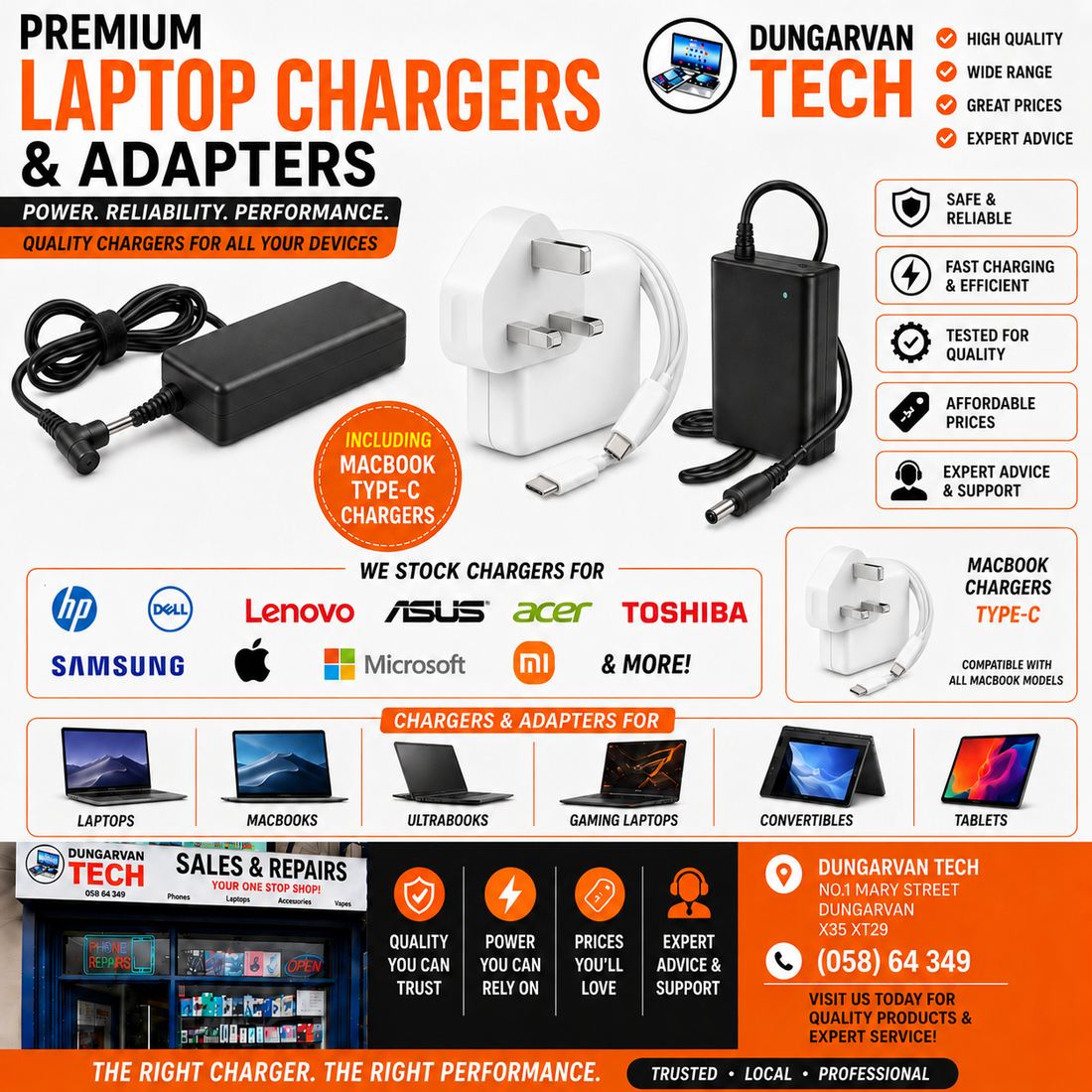 Dungarvan Tech premium laptop chargers and adapters — chargers for HP, Dell, Lenovo, Asus, Acer, Toshiba, Samsung, Apple, Microsoft and Xiaomi, including MacBook Type-C chargers