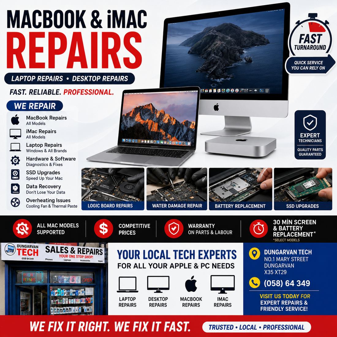 Dungarvan Tech MacBook and iMac repairs — logic board repairs, water damage repair, battery replacement and SSD upgrades, all Mac models supported with warranty on parts and labour