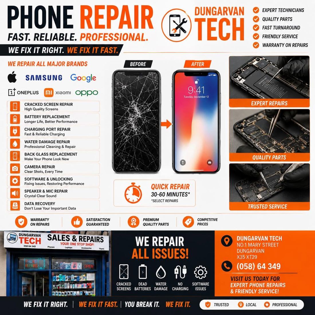 Dungarvan Tech phone repair — cracked screen repair, battery replacement, charging port repair, water damage, back glass replacement, camera repair, software and unlocking, speaker and mic repair and data recovery, for Apple, Samsung, Google, OnePlus, Xiaomi and Oppo, with warranty on repairs