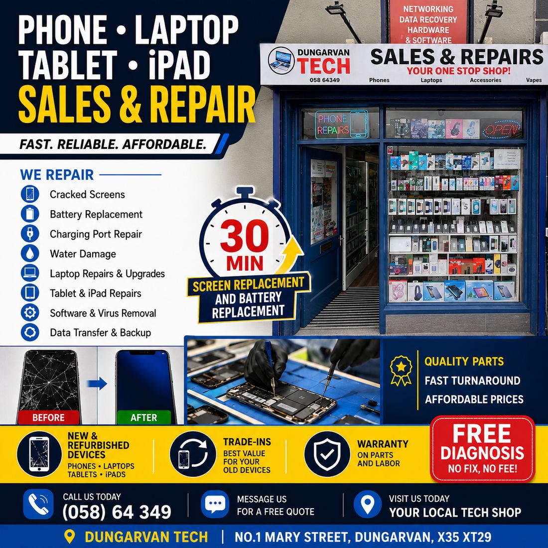 Dungarvan Tech phone, laptop, tablet and iPad sales and repair — cracked screens, battery replacement, charging port repair, water damage, software and virus removal, data transfer and backup, 30-minute screen and battery replacement on selected models