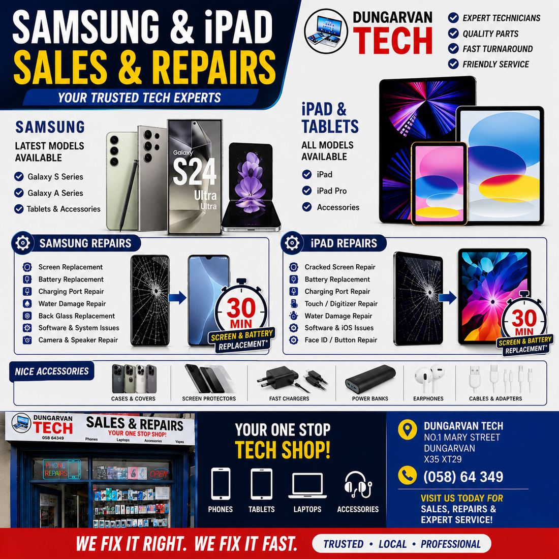 Dungarvan Tech Samsung and iPad sales and repairs — screen replacement, battery, charging port, touch and digitiser, water damage, back glass and Face ID repairs