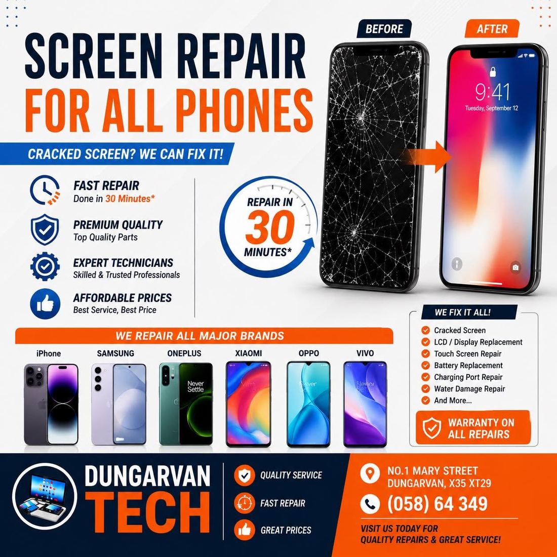 Dungarvan Tech screen repair for all phones — cracked screen, LCD and display replacement, touch screen repair, battery replacement, charging port repair and water damage repair for iPhone, Samsung, OnePlus, Xiaomi, Oppo and Vivo, done in 30 minutes with warranty on all repairs