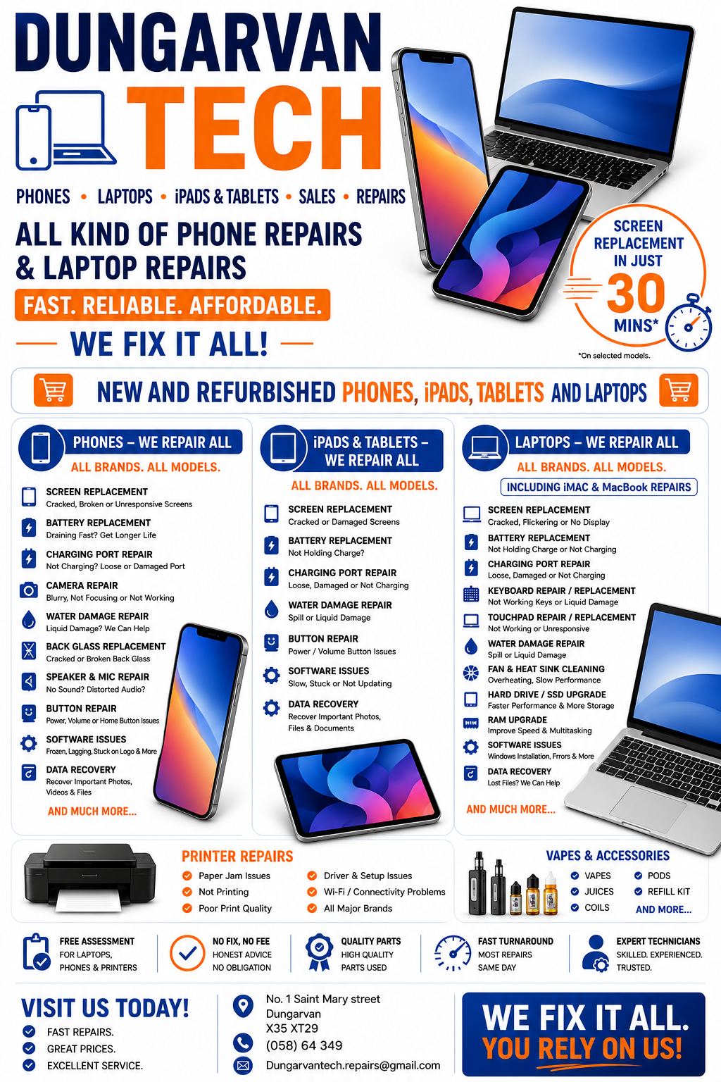 Dungarvan Tech — all kinds of phone and laptop repairs: screen replacement, battery, charging port, camera, water damage, back glass, speaker, button, software and data recovery for phones, iPads, tablets and laptops, plus printer repairs, free assessment and no fix no fee
